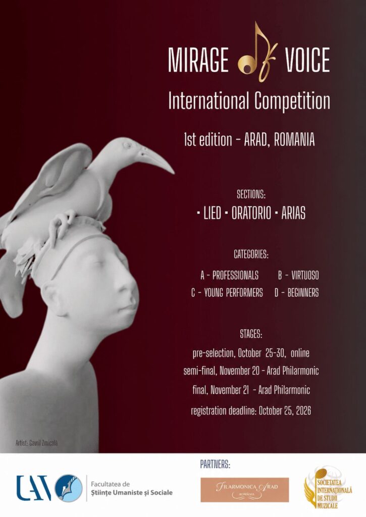 Mirage of Voice International Competition poster with event details and a sculpture of a head with a bird.