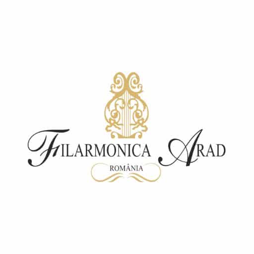 Filarmonica Arad România logo with a gold lyre icon and decorative script.